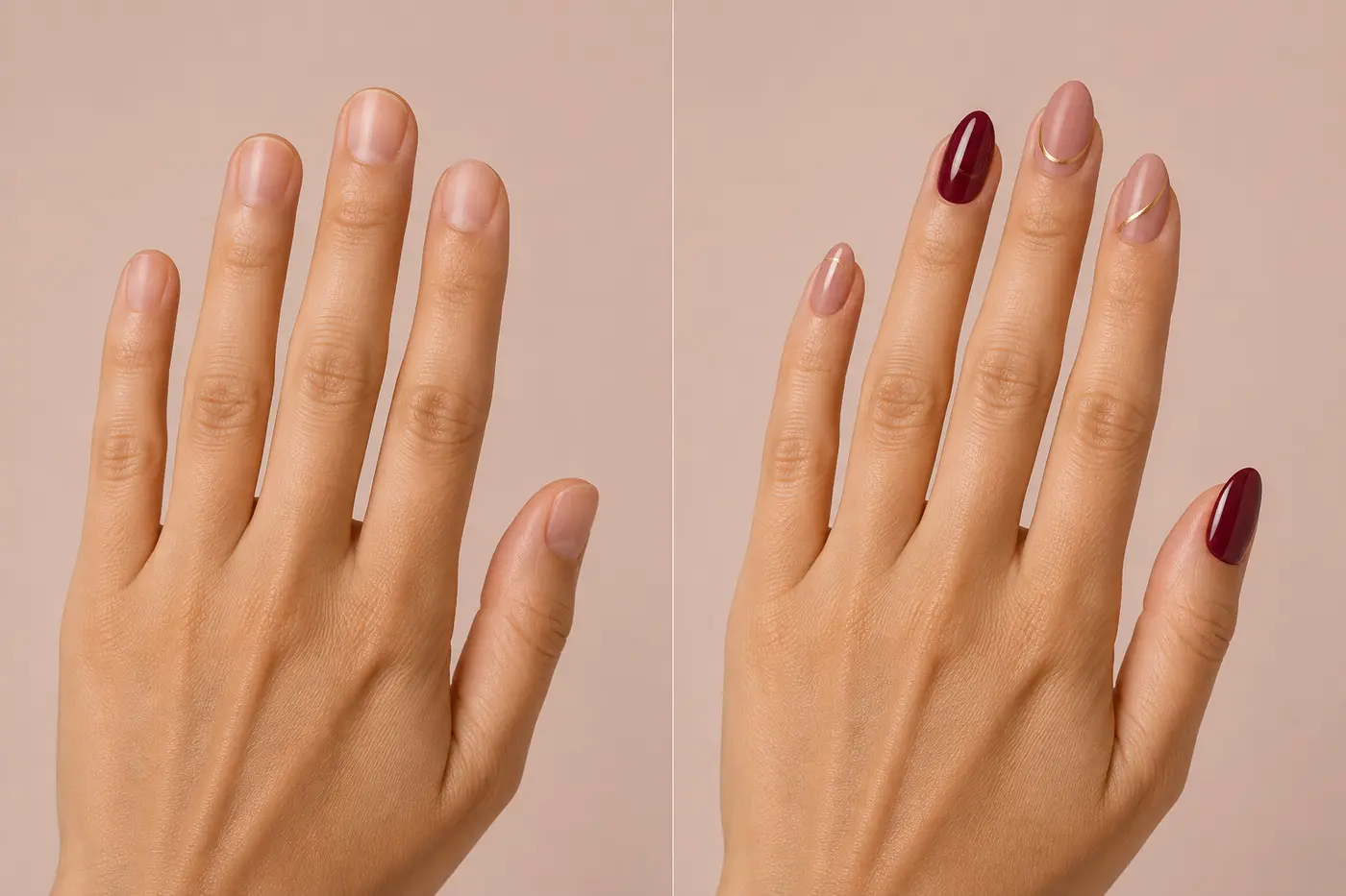 Antes e depois ilustrativo de nail art